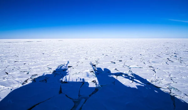 在冰封的南部海洋上的极地研究船的阴影 — 图库照片