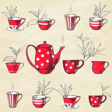 Çay için el çizilmiş kupalar..