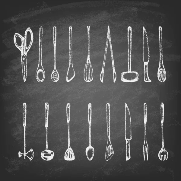 Ensemble d'outils de cuisine silhouette sur tableau noir. — Image vectorielle