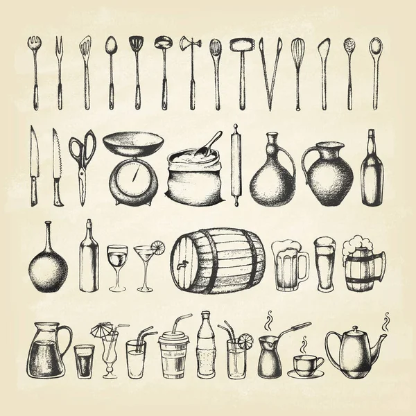 Ensemble d'outils de cuisine et de boissons silhouette. — Image vectorielle