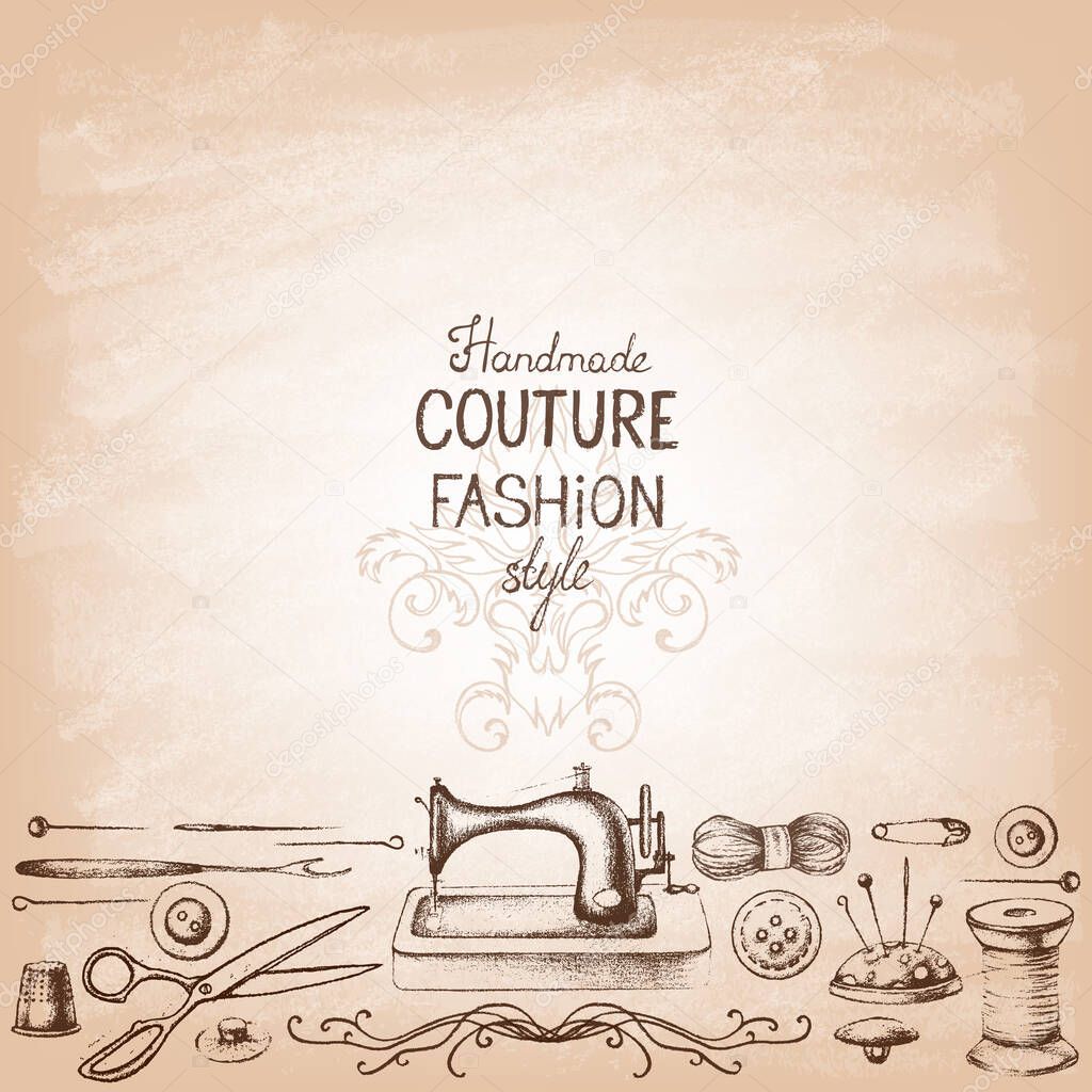 Set of needlework - scissors, measuring tape, mannequin, sewing on old paper . Retro vintage style. Vector illustration.