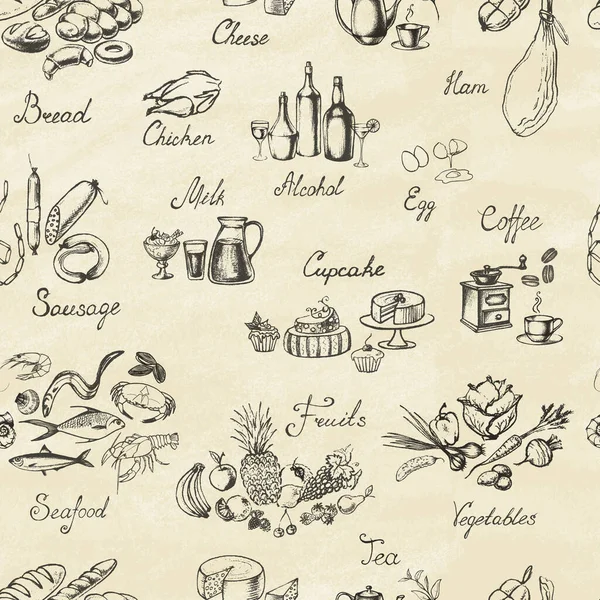 Set di cibo disegnato a mano su vecchia carta. — Vettoriale Stock