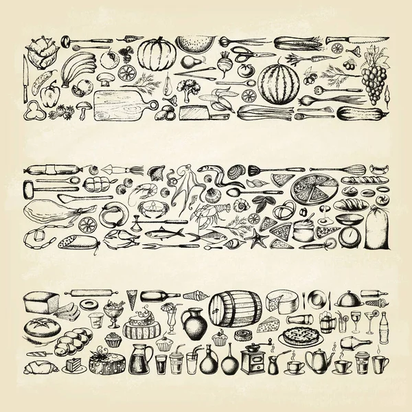Illustration verschiedener Lebensmittel auf altem Papier. — Stockvektor