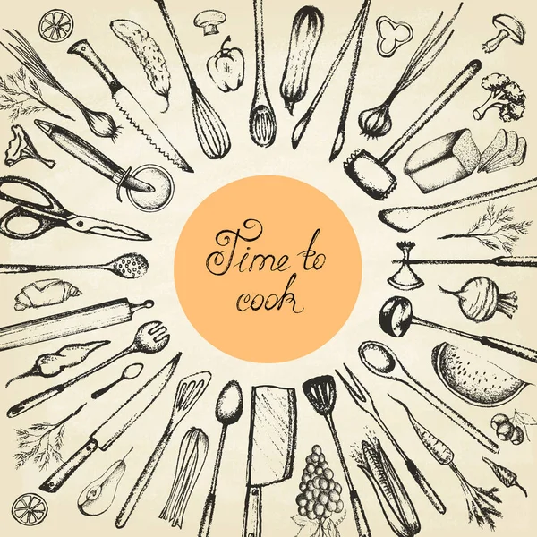 Set di utensili da cucina e cibo disegnato a mano. — Vettoriale Stock