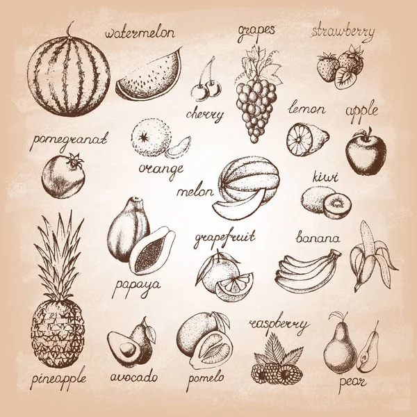 Ensemble de fruits dessinés sur vieux papier. — Image vectorielle