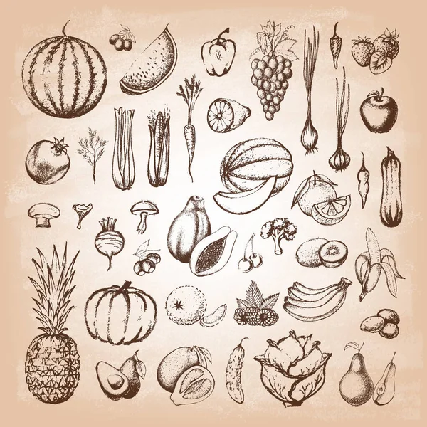 Conjunto de frutas e legumes desenhados à mão. — Vetor de Stock