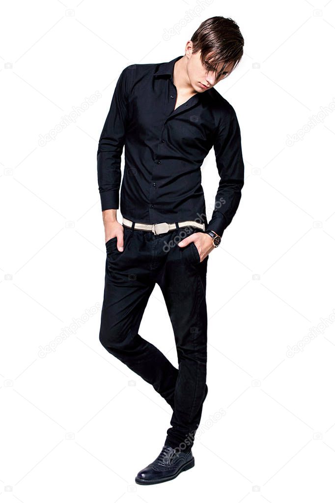 guy in black shirt posing isolated on white