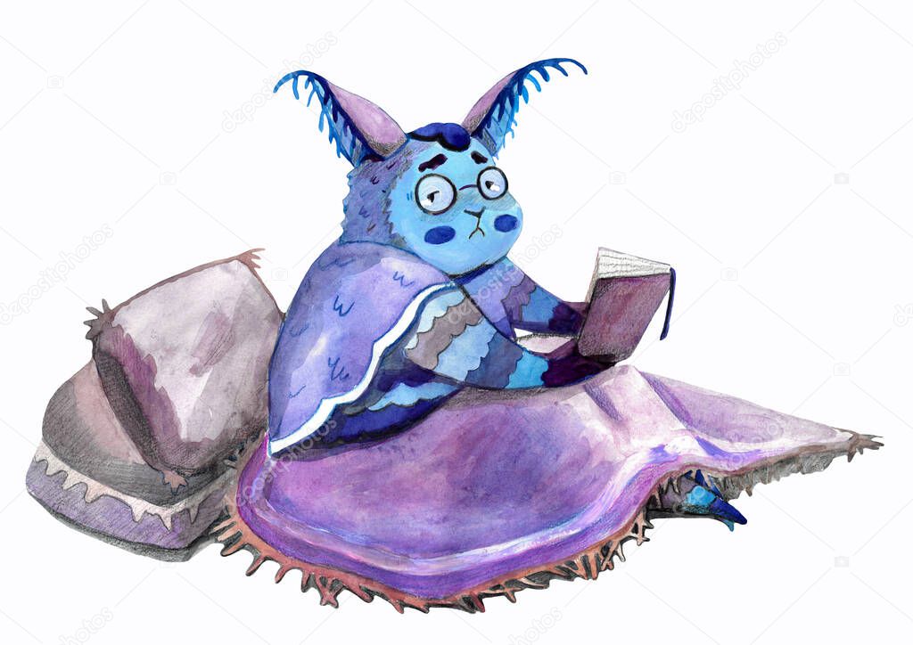Sad blue moth with a book