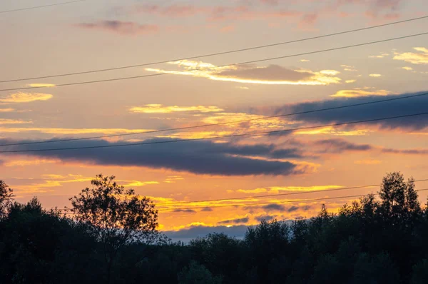Закат на фоне линий электропередач — стоковое фото