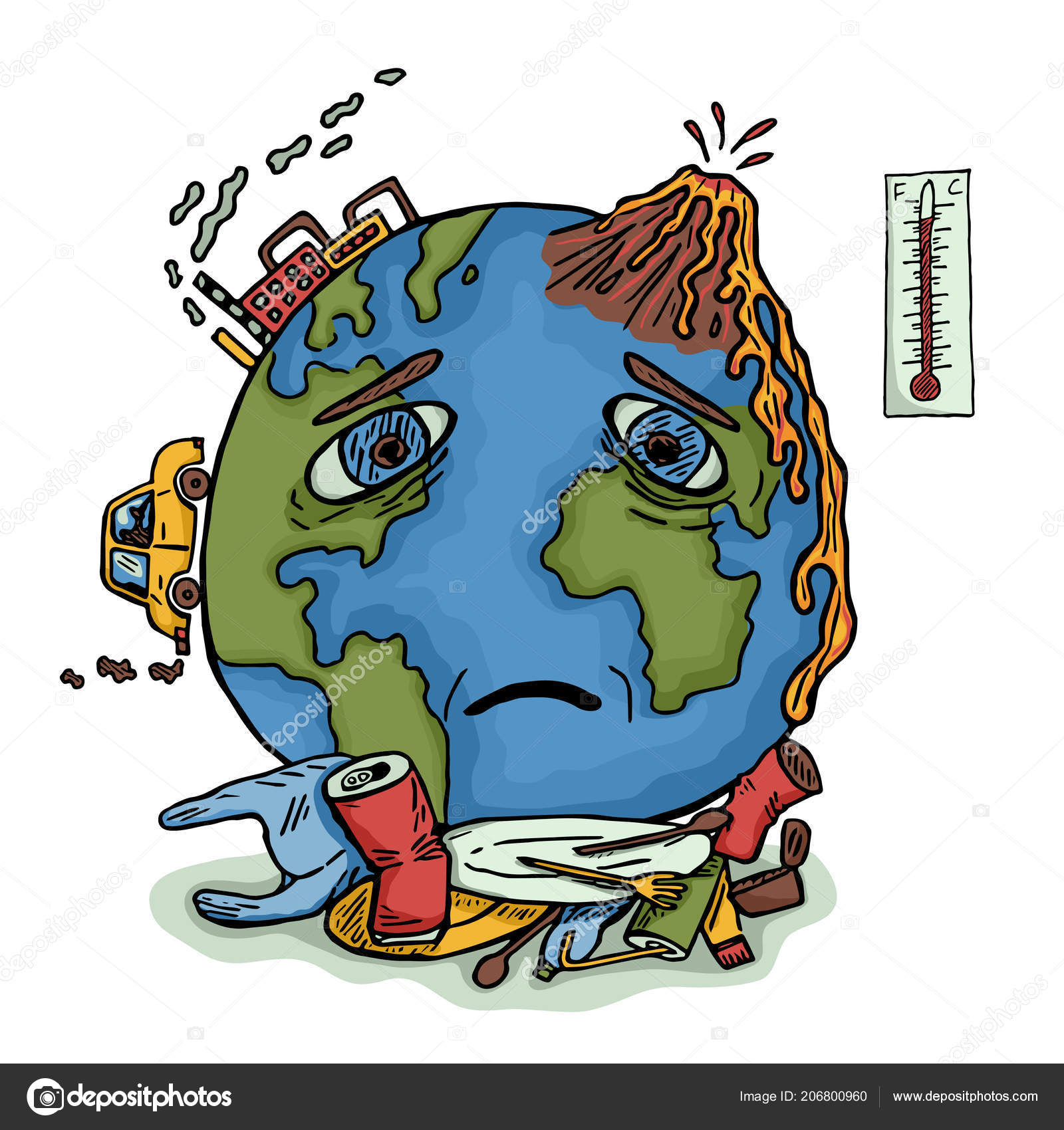 Hand Drawn Planet Earth Sad Face Ecological Concept Global Warming ...