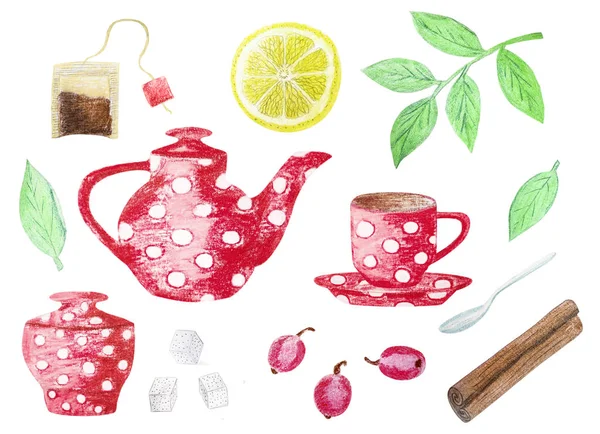 Set of hand drawn tea icons isolated on white background. Teapot, cup, tea leaves, sugar bowl etc. Color illustration drawn with pastel pencils