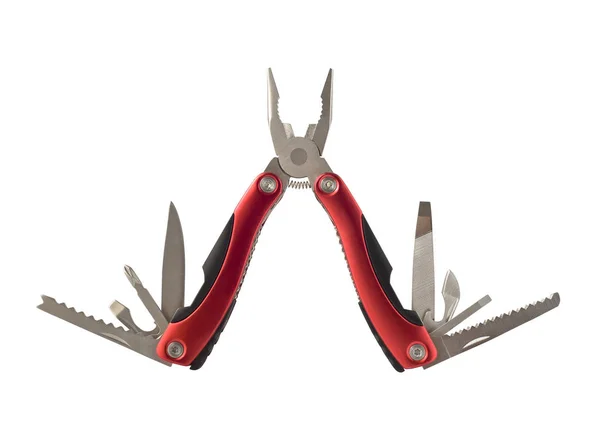 Top view of multi tool with saw, bottle opener, knife, etc. Portable folding equipment isolated on white background