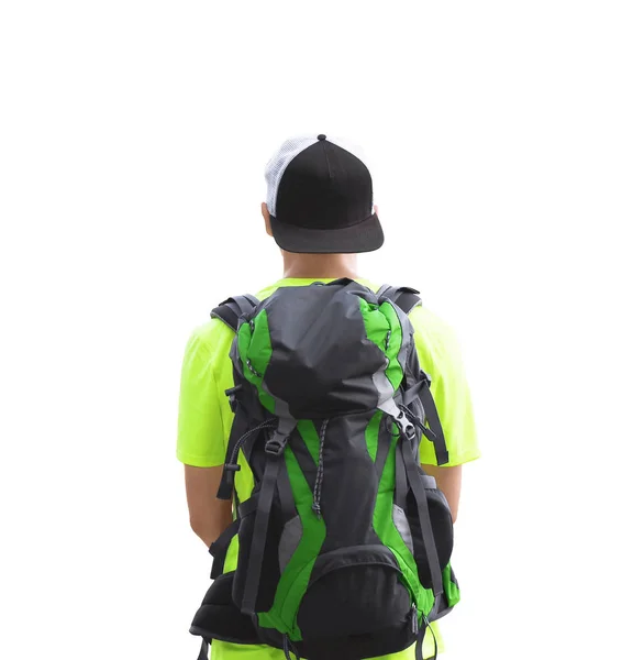 Back view of young man in hiking clothes with backpack isolated