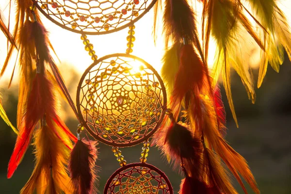 Dream Catcher Feathers Threads Beads Rope Hanging Dreamcatcher Handmade — Stock Photo, Image