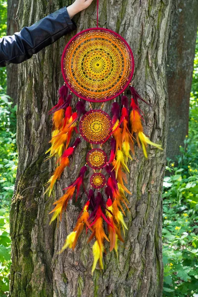 Drøm Catcher Med Fjer Tråde Perler Reb Hængende Dreamcatcher Håndlavet - Stock-foto