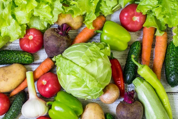 Különböző Színes Zöldségek Egész Táblázat Teljes Képkocka Egészséges Táplálkozás — Stock Fotó
