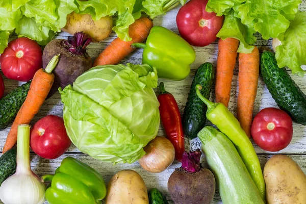 Különböző Színes Zöldségek Egész Táblázat Teljes Képkocka Egészséges Táplálkozás — Stock Fotó