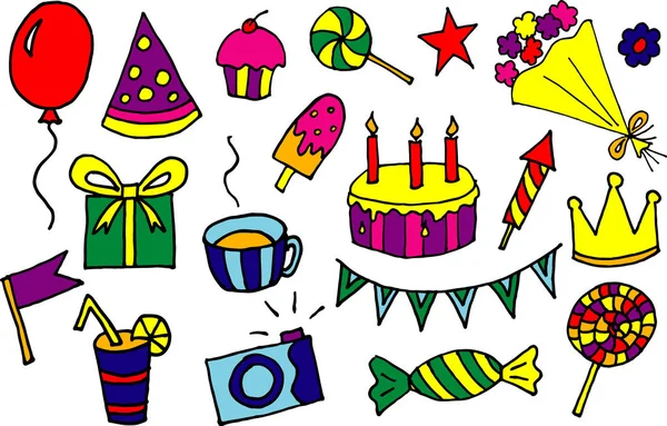 Doodle Handgezeichnete Vektor Cartoon Geburtstagselemente Mit Geschenkbox Lutscher Kuchen Und — Stockvektor