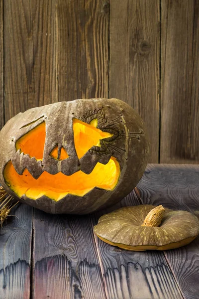 Jack Lucerny Halloween Dýně Tvář Dřevěném Pozadí — Stock fotografie