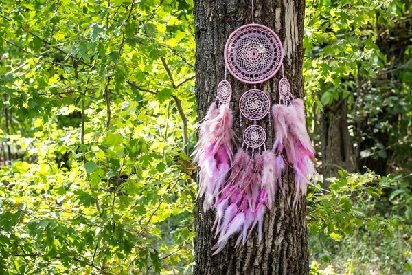 Attrape Rêves Avec Des Fils Plumes Des Perles Corde Suspendue — Photo