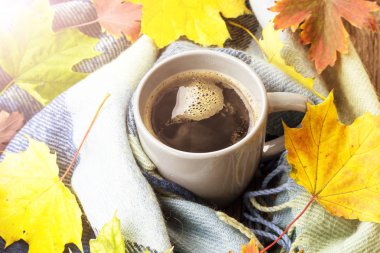 Natürmort tonda ekose ile bir fincan kahve ve sonbahar yaprakları