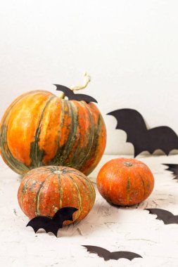 Turuncu kabak ve kağıt yarasalar üzerinde beyaz masa, Cadılar Bayramı kavramı.