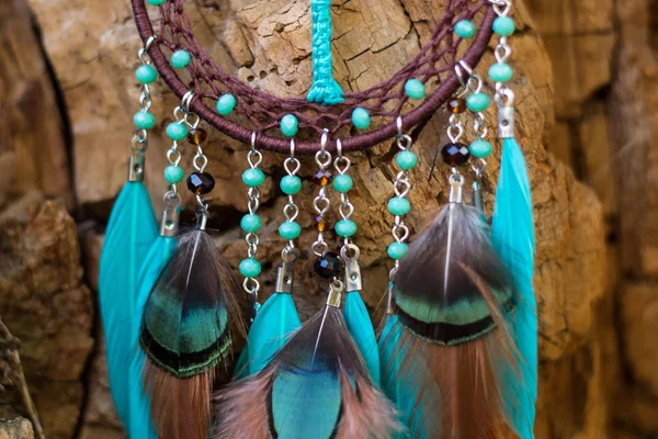 Dream Catcher Feathers Threads Beads Rope Hanging Dreamcatcher Handmade — Stock Photo, Image