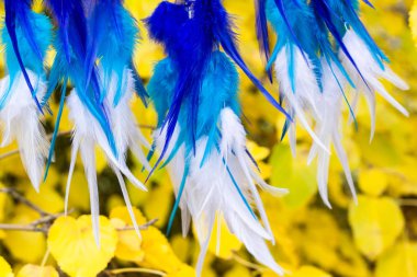 Tüylü, boncuklu ipleri sallanan bir düş kapanı. El yapımı düş kapanı.