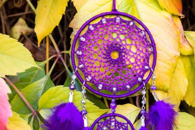 Tüylü, boncuklu ipleri sallanan bir düş kapanı. El yapımı düş kapanı.