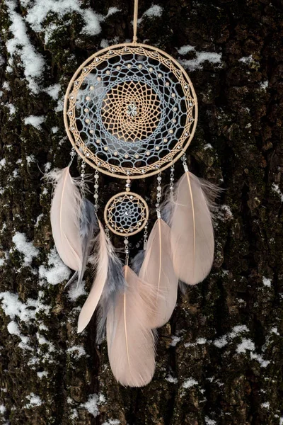 Dream Catcher Feathers Threads Beads Rope Hanging Dreamcatcher Handmade — Stock Photo, Image