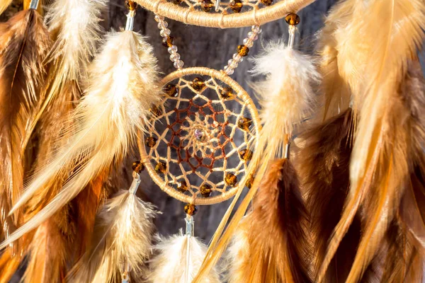 Chyták Snů Peřím Korálky Zavěšenými Provazy Dreamcatcher Ruční Výroba — Stock fotografie