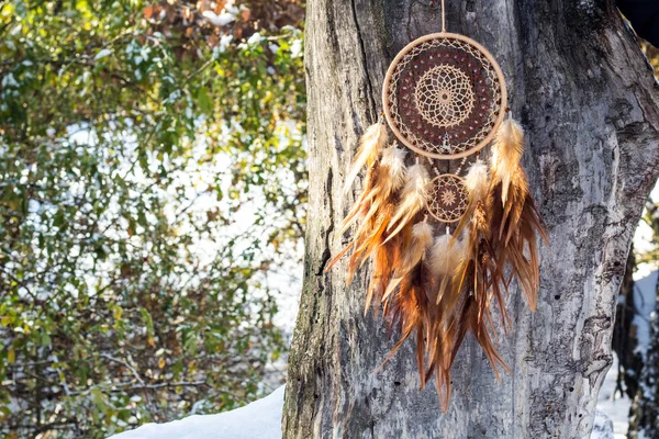 Attrape Rêves Avec Des Fils Plumes Des Perles Corde Suspendue — Photo