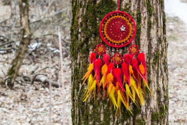 Tüylü, boncuklu ipleri sallanan bir düş kapanı. El yapımı düş kapanı.