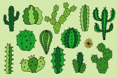 Kaktüs vektör doodle karikatür elle çizilmiş resimler seti
