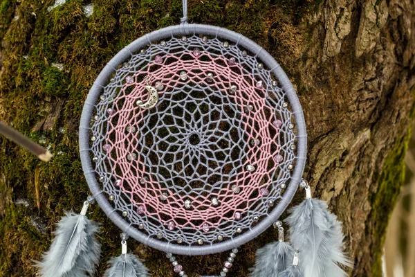 Attrape Rêves Avec Des Fils Plumes Des Perles Corde Suspendue — Photo