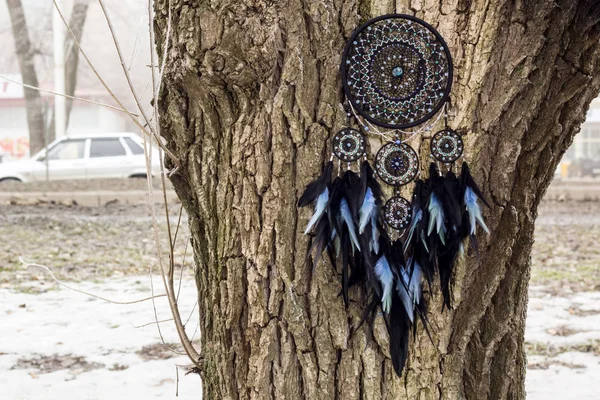 Chyták Snů Peřím Korálky Zavěšenými Provazy Dreamcatcher Ruční Výroba — Stock fotografie