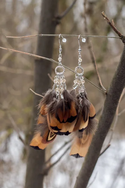 Náušnice Lapače Snů Péřovými Nitěmi Šňůrami Perlích Dreamcatcher Ruční Výroba — Stock fotografie