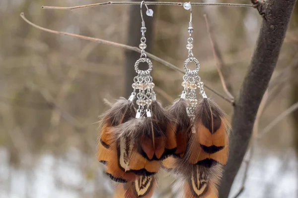 Náušnice Lapače Snů Péřovými Nitěmi Šňůrami Perlích Dreamcatcher Ruční Výroba — Stock fotografie