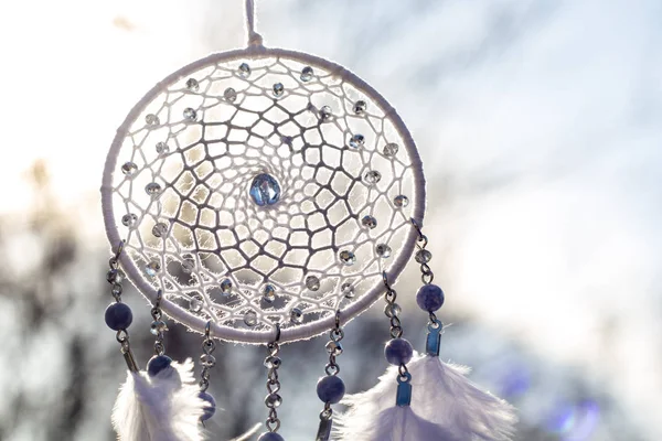 Handmade dream catcher with feathers threads and beads rope hanging — Stock Photo, Image