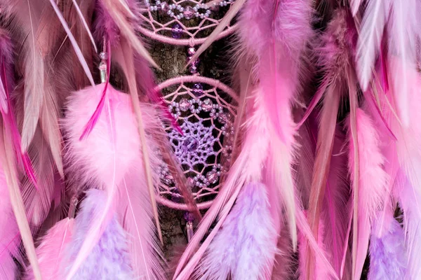 Handmade dream catcher with feathers threads and beads rope hanging — Stock Photo, Image