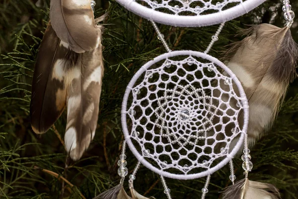 Handgemachter Traumfänger mit Federfäden und Perlen am Seil — Stockfoto