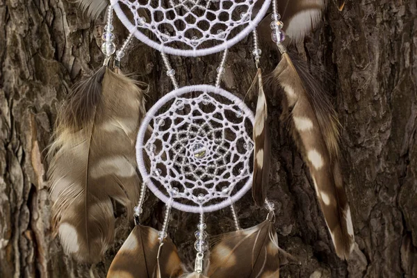 Atrapasueños hecho a mano con hilos de plumas y cuentas de cuerda colgando —  Fotos de Stock