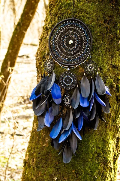 Handmade dream catcher with feathers threads and beads rope hanging — Stock Photo, Image