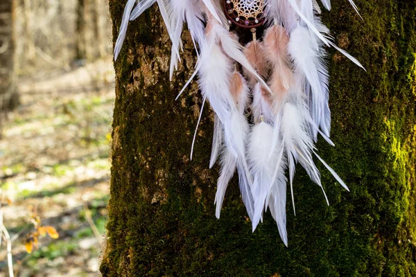 Atrapasueños hecho a mano con hilos de plumas y cuentas de cuerda colgando —  Fotos de Stock