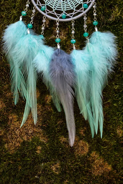 Handmade dream catcher with feathers threads and beads rope hanging — Stock Photo, Image