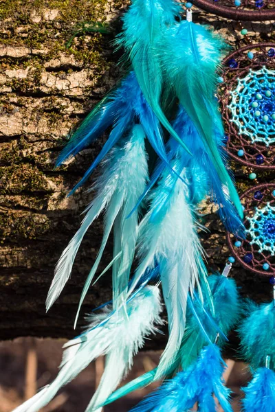 Handmade dream catcher with feathers threads and beads rope hanging — Stock Photo, Image