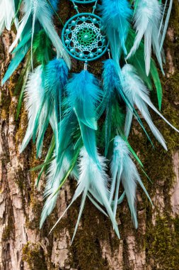 El yapımı rüya yakalayıcı iple asılı tüyler konu ve boncuk