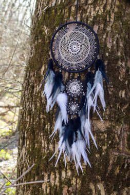 El yapımı rüya yakalayıcı iple asılı tüyler konu ve boncuk