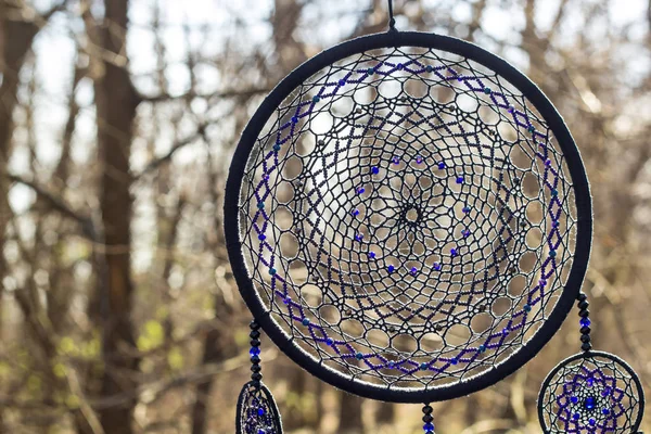 Handmade dream catcher with feathers threads and beads rope hanging — Stock Photo, Image