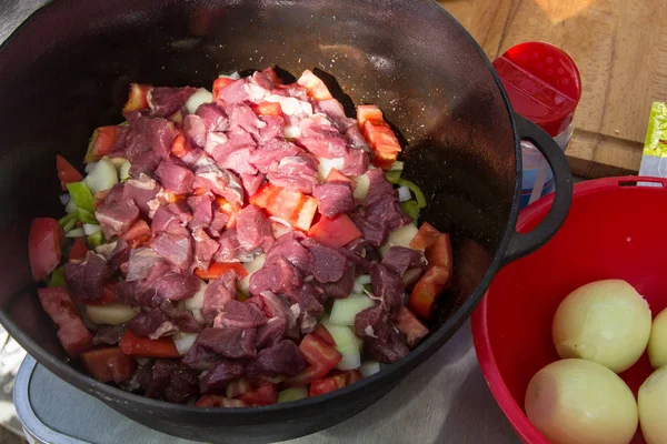Металевий запас горщик з супом інгредієнти овочі та м'ясо — стокове фото